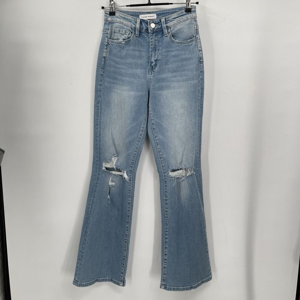 Flying Monkey 24 Flare Jeans Womens‎ Light Blue Distressed High Rise F4547